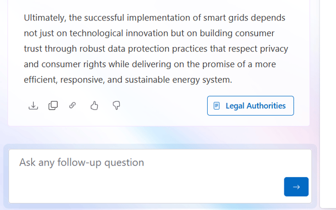 Icons at the bottom of the answer page in order: download, copy, link, thumbs up, thumbs down, legal authorities